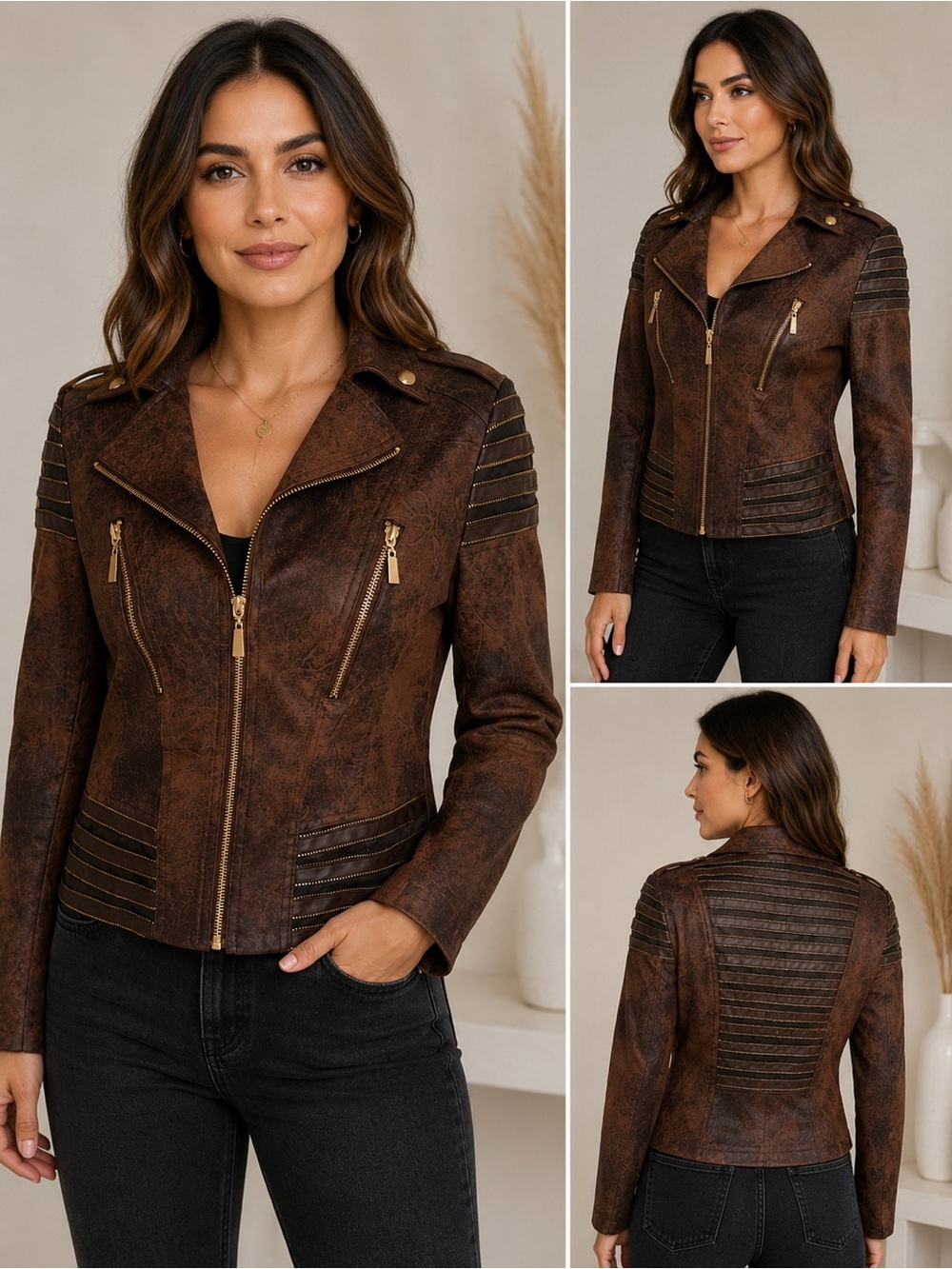 Frank Lyman Montréal Brown Faux Suede Moto Jacket M/M – Gold Zipper Detail